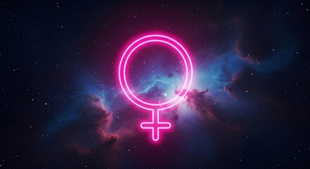 Mercury retrograde symbol glowing in neon against a glitchy space background
