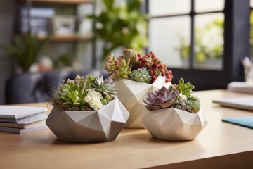Fototapeta premium A lush array of succulents in a geometric planter