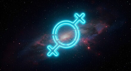 Mercury retrograde symbol glowing in neon against a glitchy space background
