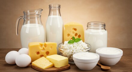 Fresh dairy products, milk, cottage cheese, eggs, yogurt, sour cream and butter on wooden table