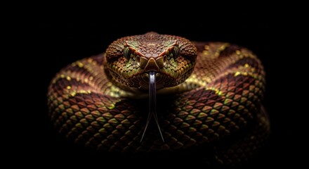 Obraz premium Close Up Front View of a Rattlesnake Showing Its Yellow Eyes and Forked Tongue