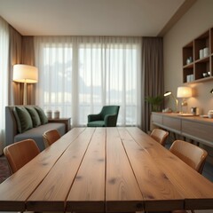 wooden table, large windows, modern room