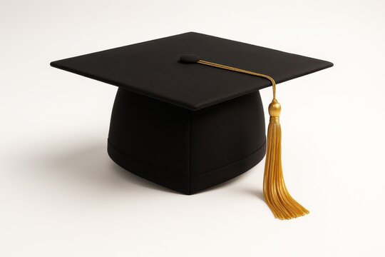 Black mortarboard graduation cap with gold tassel positioned on pristine white background with professional studio lighting