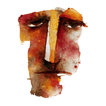 A single watercolor raw Art Brut style spontaneous brown and red abstract human