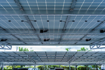 Solar panel roof structure installed over parking lot for clean energy solution