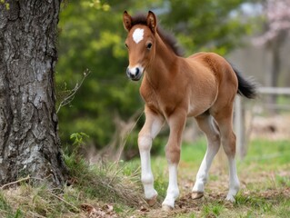 Obraz premium A chestnut foal with white markings stands near a tree in a grassy field