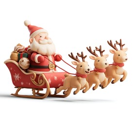 3D Christmas Santa Claus in his sleigh with reindeer, isolated on a white background