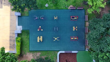 Top-down view of elderly exercise zone in public park