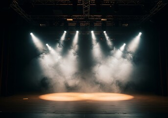 A stage with lights and smoke in the darkness