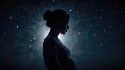 Silhouette of a pregnant woman against a cosmic backdrop of stars and nebulae, conveying a sense of wonder and anticipation.