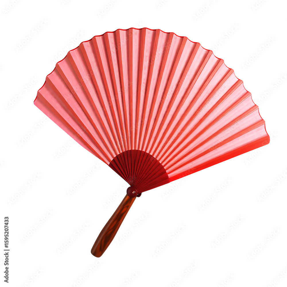 Poster a close up of a red and pink fan with a wooden handle on a black background scene on transparent bac