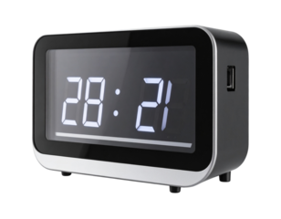 Angled View of Digital Clock with Dual Alarm Function and USB Charging, isolated on transparent background PNG