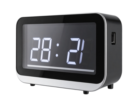 Angled View of Digital Clock with Dual Alarm Function and USB Charging, isolated on transparent background PNG