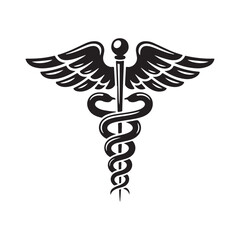 Caduceus medical symbol with winged snakes on a white background, an iconic emblem of health and pharmacy