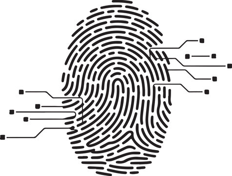 Black fingerprint with digital circuit lines on white background thumbprint identity