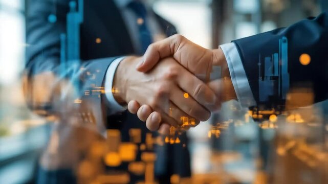 Business People Handshaking with Digital Cityscape Overlay