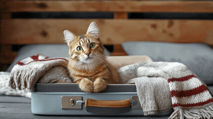 A cute cat sits comfortably in a suitcase, symbolizing the cozy concept of vacations with pets and the joy of traveling together.