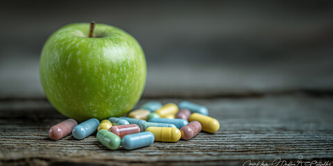 A juicy green apple placed next to pills, symbolizing the concept of healthy eating and the preference for natural vitamins over supplements.