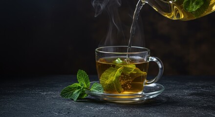 Hot chinese green tea with mint, with splash pouring from the kettle into the cup, steam rises, dark background