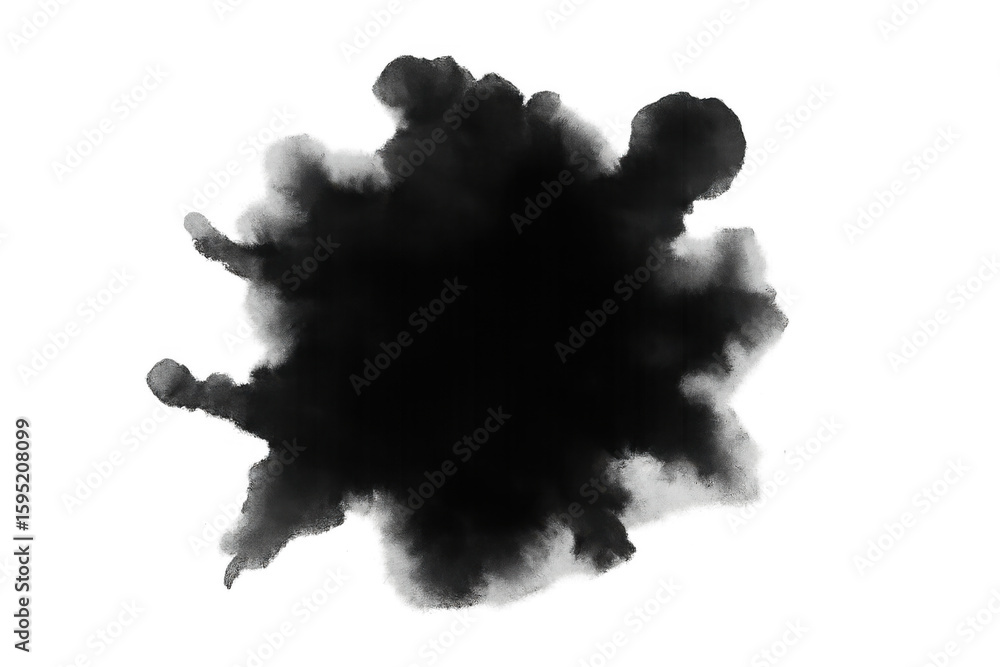 Poster dark ink spreading on a transparent background, creating an abstract shape, ideal for graphic design