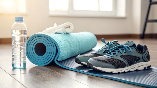 Teal yoga mat with blue athletic shoes and water bottle