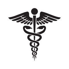 Caduceus medical symbol with winged snakes on a white background, an iconic emblem of health and pharmacy