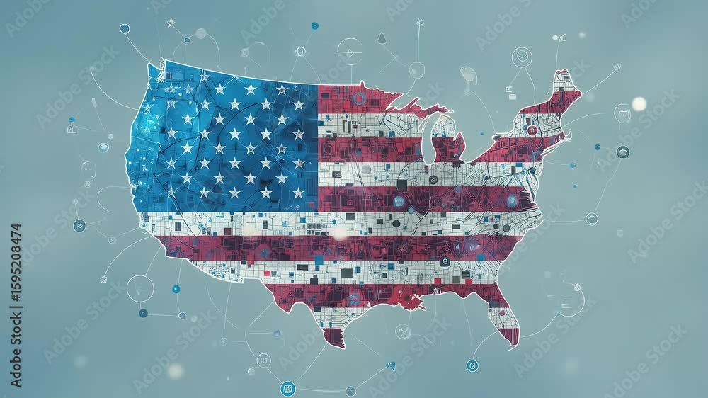 Poster usa map digital network animation with abstract connections