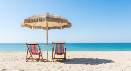 Two chairs under a thatched umbrella on a sandy beach by the ocean