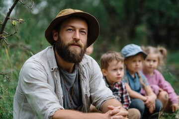 A man with a beard wearing a hat is sitting in nature with three children behind him
