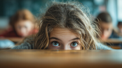 A student secretly preparing to cheat during class. Captures academic dishonesty, tension, and risky behavior in a school setting. Suitable for education or misconduct-related themes.