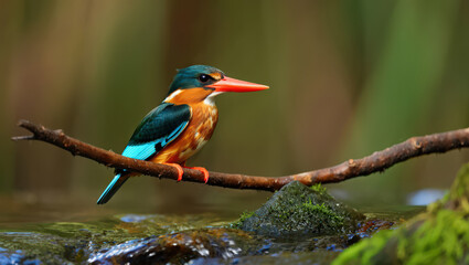 A Vibrant Common Kingfisher Perched on a Branch Above a Stream with its Brilliant Plumage and Sharp Beak showcasing its Fishing Prowess in a Natural Setting
