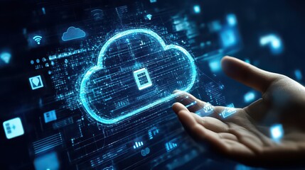 A hand reaching towards a glowing cloud computing icon with data and network visualizations around it
