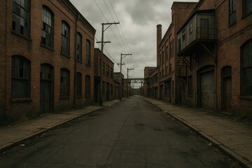 Dramatic urban industrial landscape featuring exposed brick warehouse walls and empty street with moody atmospheric lighting