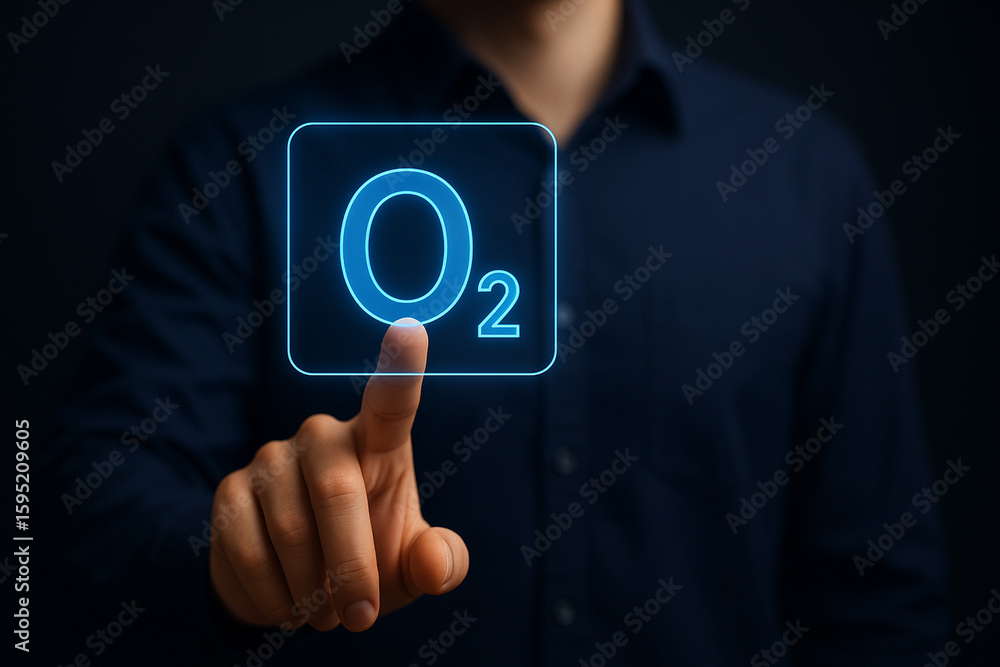 Aufkleber man pressing glowing oxygen icon on virtual screen in dark background – futuristic interface touch c
