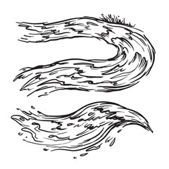 Hand drawn illustration of ocean waves in a monochrome black and white line art style