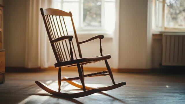 Wooden rocking chair bathed in warm sunlight cozy room