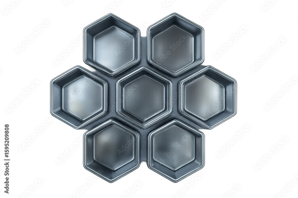 Poster group of seven empty hexagons forming honeycomb structure, creating modern and futuristic design on 