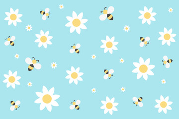 Seamless daisy flowers and playful bees in a random pattern on soft blue.
