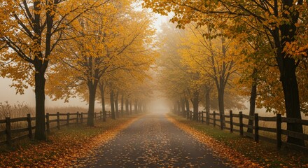 Naklejka premium Driving on a Foggy Road Lined with Autumn Trees and Leaves