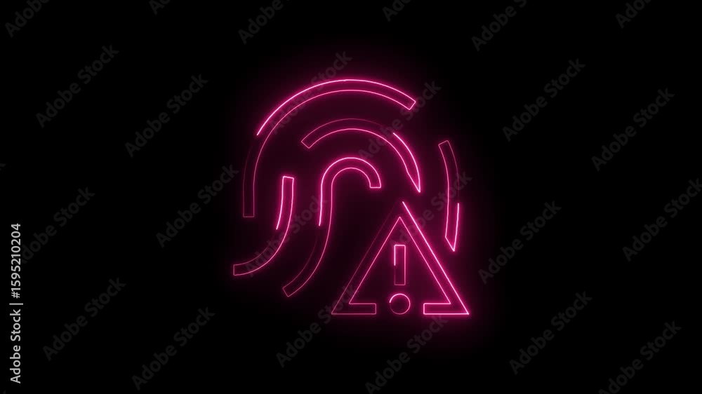Poster glowing pink neon fingerprint scan alert symbol with warning triangle isolated on black background