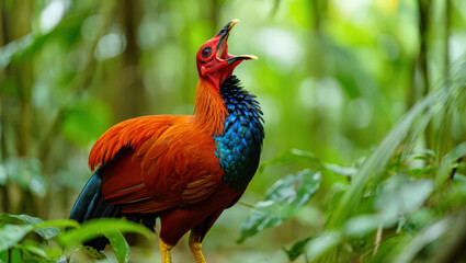 Fototapeta premium Captivating Chestnut-breasted Partridge Displaying its Vibrant Plumage in Lush Greenery A Symphony of Colors and Sounds in the Heart of the Rainforest