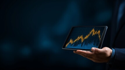 Businessman holding tablet displaying financial data visualization, showcasing analytics and modern technology in a corporate setting.