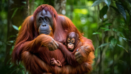 A Tender Moment Between an Orangutan Mother and Baby in a Lush Rainforest Setting Showcasing the Strong Bond and Gentle Nurturing in the Wild