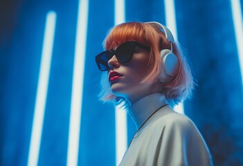 Cinematic shot of a woman with a pink bob haircut, wearing black sunglasses and a white turtleneck