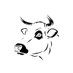 Stylized black ink line drawing of a cow or bull head. Elegant minimal vector illustration ideal for logos, farms, meat industry, ranch branding, or tattoo design