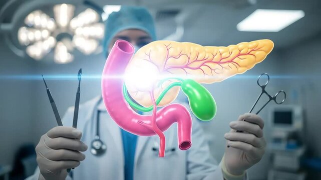 Surgeon Holding Scalpel and Forceps Near Pancreas Graphic in Operating Room