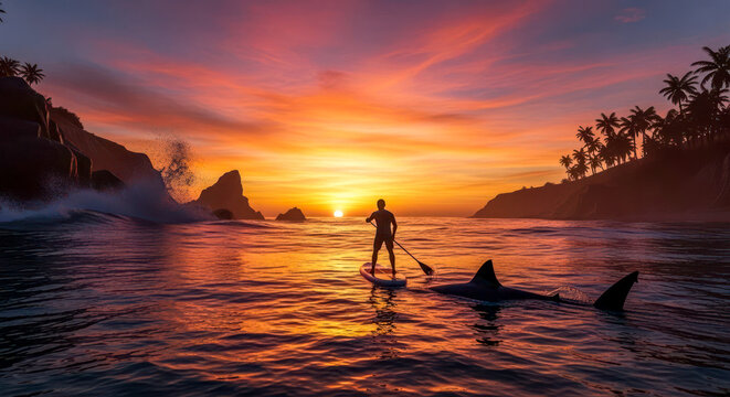 Surfer paddles at sunset with shark nearby in tropical waters