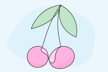 Line Art Cherry Berry Fruit. One Continuous Outline Contour Drawing. Summer Tropical Resort Rest Vacation Symbol Silhouette Design. Curve Wavy Shape. Fresh Healthy Vitamin Ripe Vegetarian Food Harvest