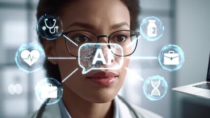 AI in Healthcare Doctor with Holographic Interface, Medical Tech Innovation, Future of Medicine - Powered by Adobe