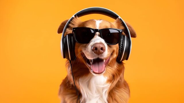 Happy Dog in Headphones, Listening to Music, Fun, Cute, Adorable, Studio Shot